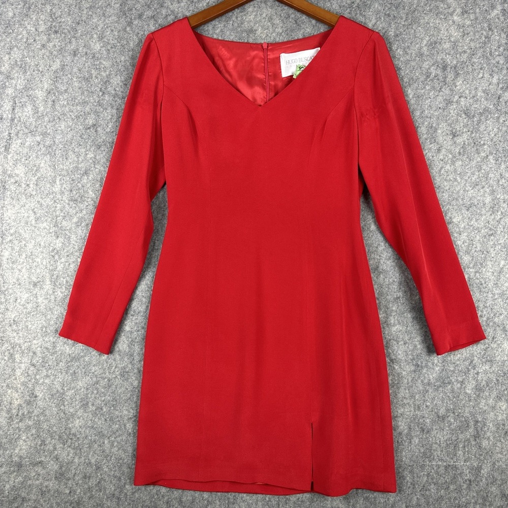 Hugo Buscati Dress Womens 6 Red Silk V-Neck Formal Bodycon Long Sleeve Vintage